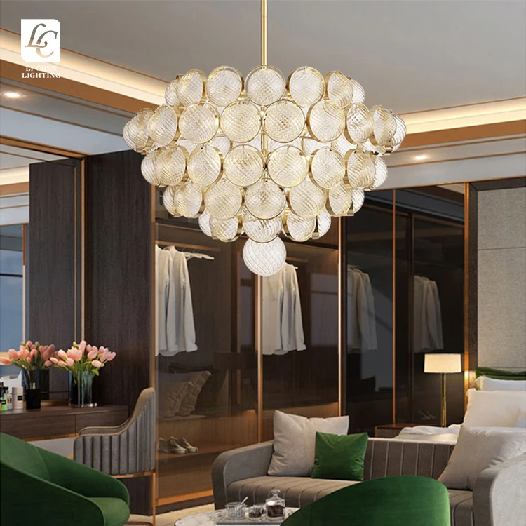 P0023 Modern Textured Glass Chandelier – Luxury Art Gold Suspension Lamp for Living Room