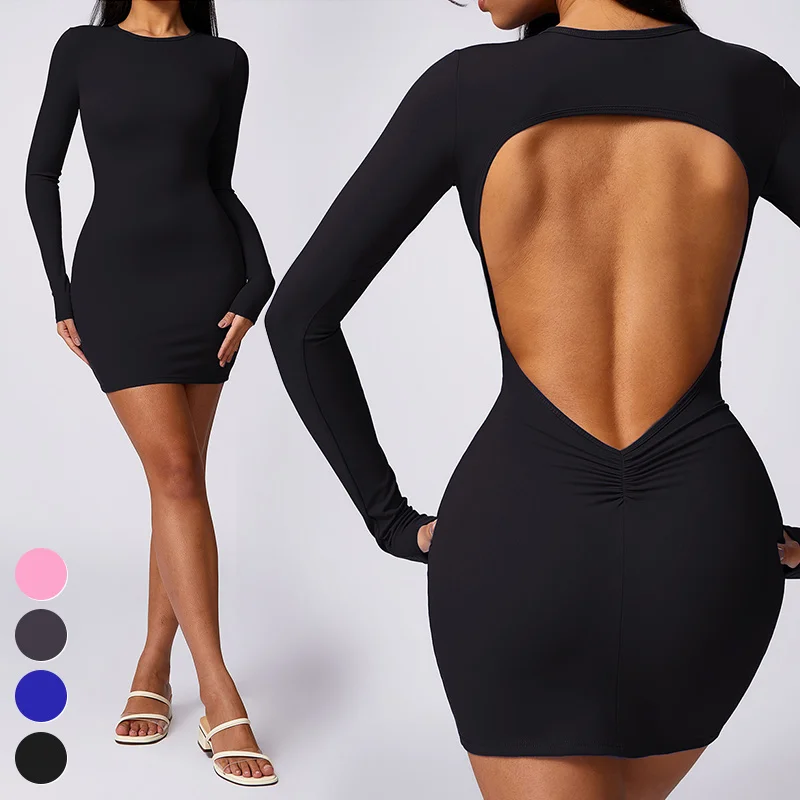 Sexy Long Sleeve Backless Sports Tight Dress Custom Logo Fitness Clothing  One Piece Workout Short Bodycon Yoga Dress for Women