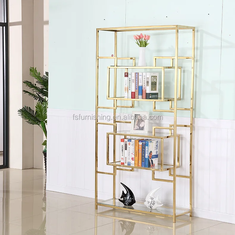 LN-1908 Hot sale cheap price made in Foshan golden metal frame transparent glass creative bookcase for study room office room