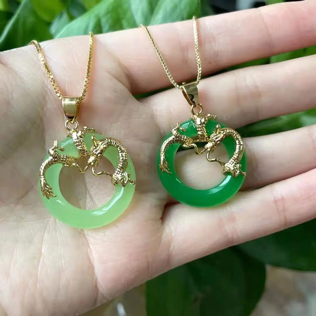 Lavender Green Jade Pendant Dragon Jewelry Cylinder Circle Shape 18K Gold  Plated Chinese Dragon Necklace Wholesale