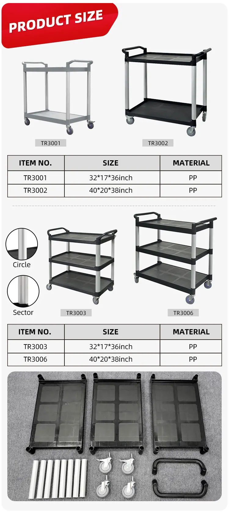 Factory prices hotel restaurant kitchen equipment 3 tier plastic service cart food trolley details