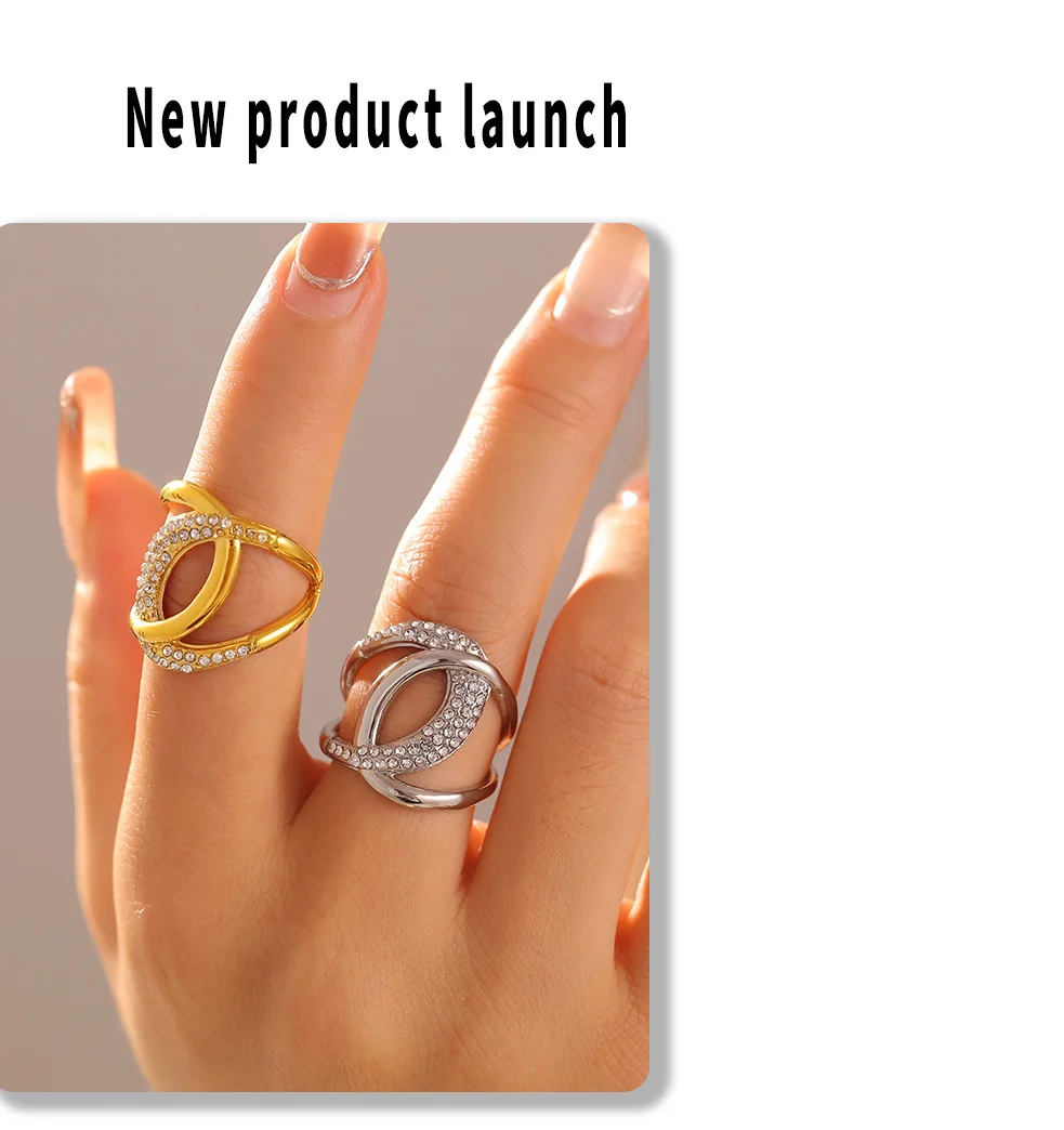 Double C gold statement ring with zircon stones waterproof stainless steel