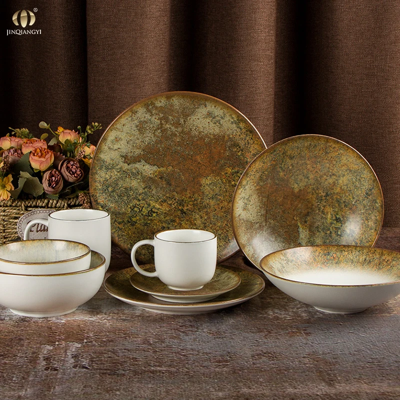 Country Style Ceramic Tableware Set Vintage Bronze Color Crockery Dinner  Plates Set Dinnerware Nature Porcelain Dinnerware Sets