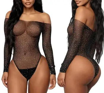 2022 See Through Temptation Bodysuit Sheer Mesh Femme Hot Transparent Shiny Sequin Fishnet Women Rhinestone Sexy Lingerie