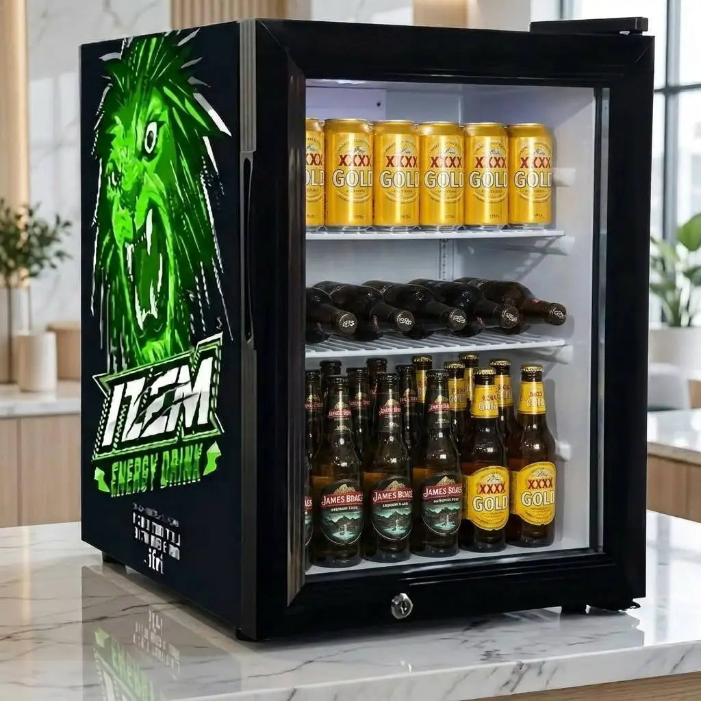 Coca-Cola エナジードリンク用冷蔵庫 業務用エナジードリンク陳列クーラー、カスタムLEDロゴ付き、ガラス扉