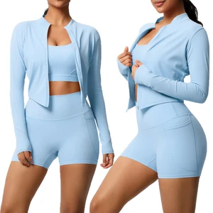 High Quality Solid Color Sports Bra Yoga Cardigan Jacket and Yoga Shorts Three Piece Fitness Yoga Clothing Set