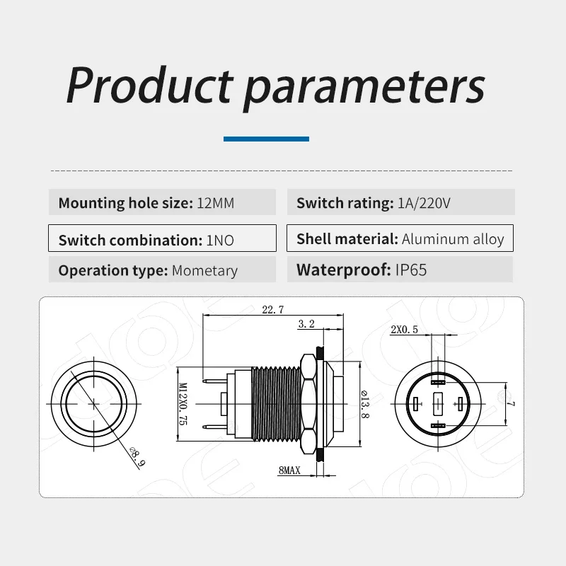 Panel Power Control Push Button Switch 12mm Waterproof Ip65 One Normally Open Aluminum Alloy Plating Metal Pushbutton Switch