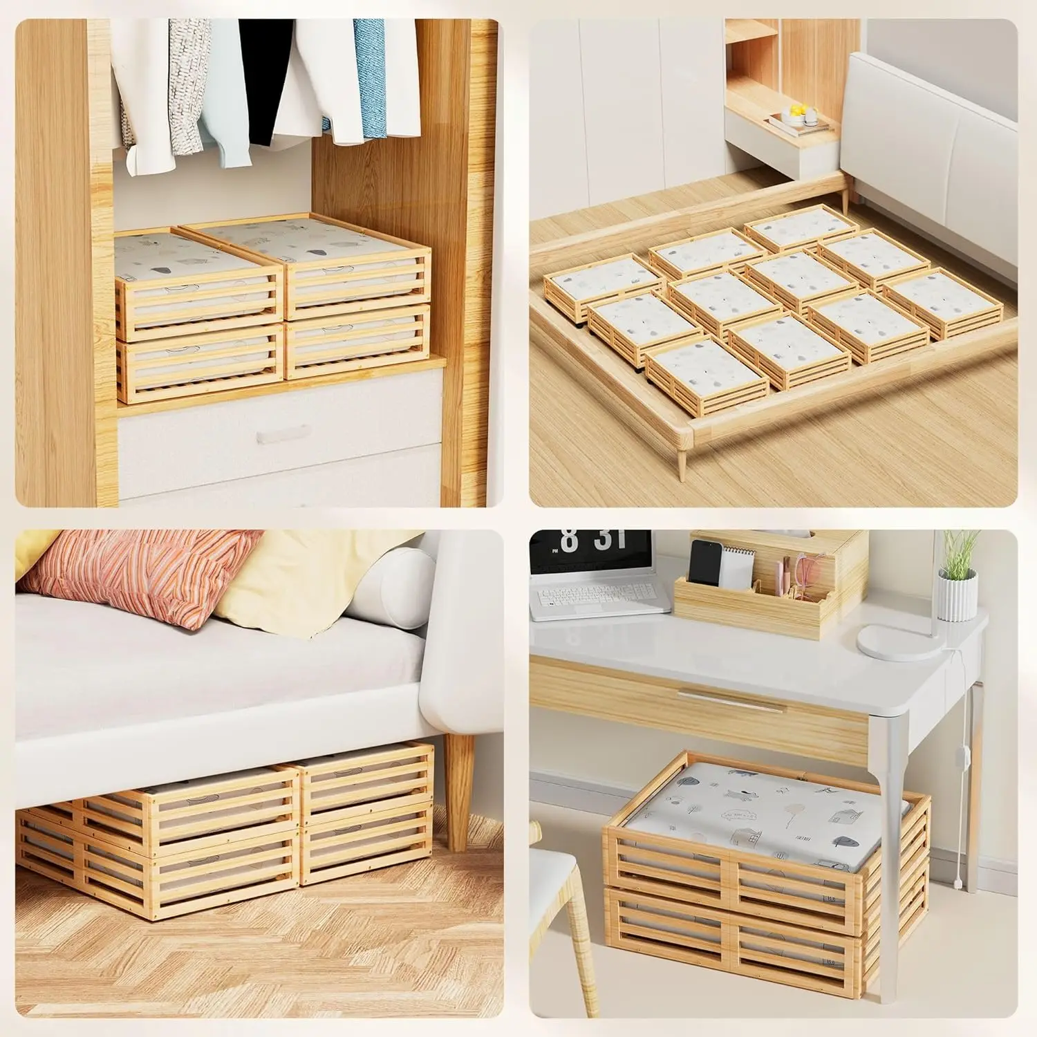 Bamboo Under Bed Storage Containers Underbed Organizer with Wheels with Large Dust Bag Sturdy Wood Rolling Under the Bed