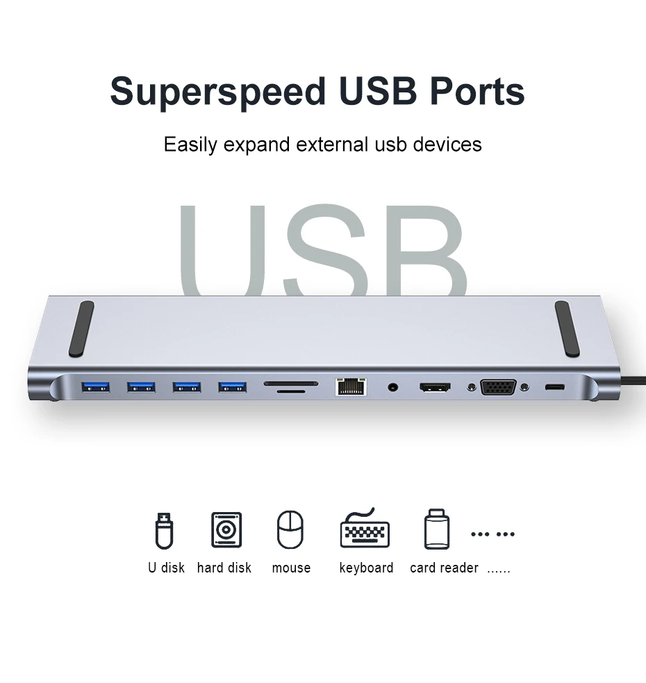 Welcome OEM Order, Factory Whole Selling 11 Ports Usb C Docking With Rj45 Ethernet Pd 100w Hd 4k Usb3.0 Tf Sd Card Reader Vga Multi Ports 11 In 1 Type C Hub - Buy Usb C 3.0 Usb Hub usb Type C Hub bdock 11-en-1 Usb Type-c Hub 3.0 Separateur Adaptate