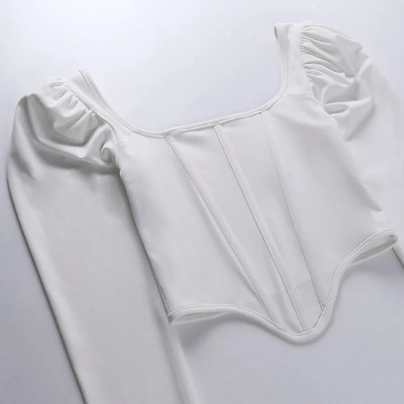 Spring Autumn Casual Vintage Square Collar Puff Sleeve Ladies Trendy Crop Top Fashion Sexy Slim Blouses Elegant Women