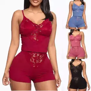 Women Pajama Sets Sleeveless 2Pcs Sleepwear Nightwear Lace Lingerie Set Top+shorts Summer Pajamas for Ladies