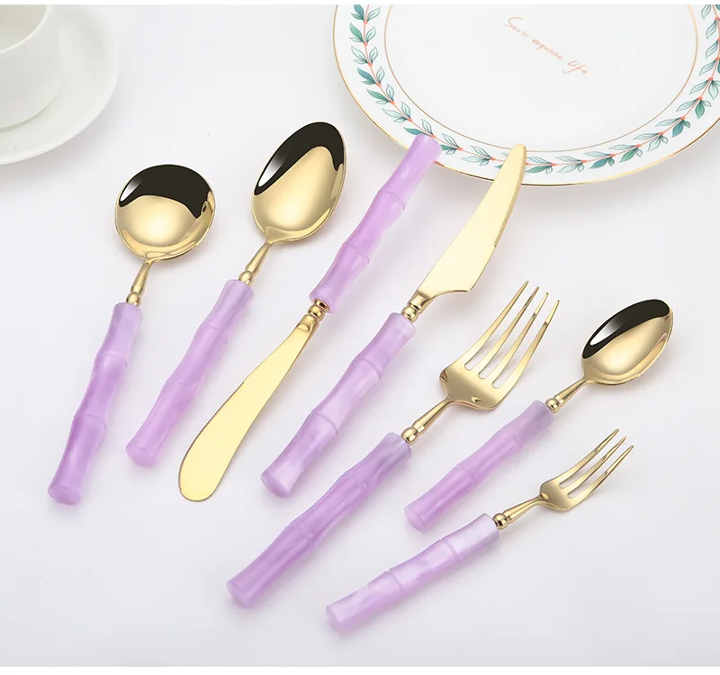 High Quality 18/10 Flatware Set Violet Acrylic Handle Stainless Steel Knife Fork Spoon Silverware Restaurant Cutlery Set