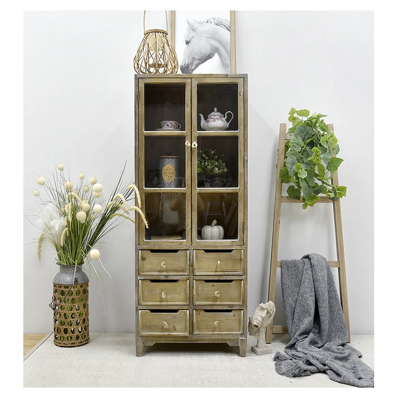 Традиционная антикварная мебель для столовой, 2 стеклянные двери, 6 ящиков, высокий деревянный шкаф из переработанного дерева