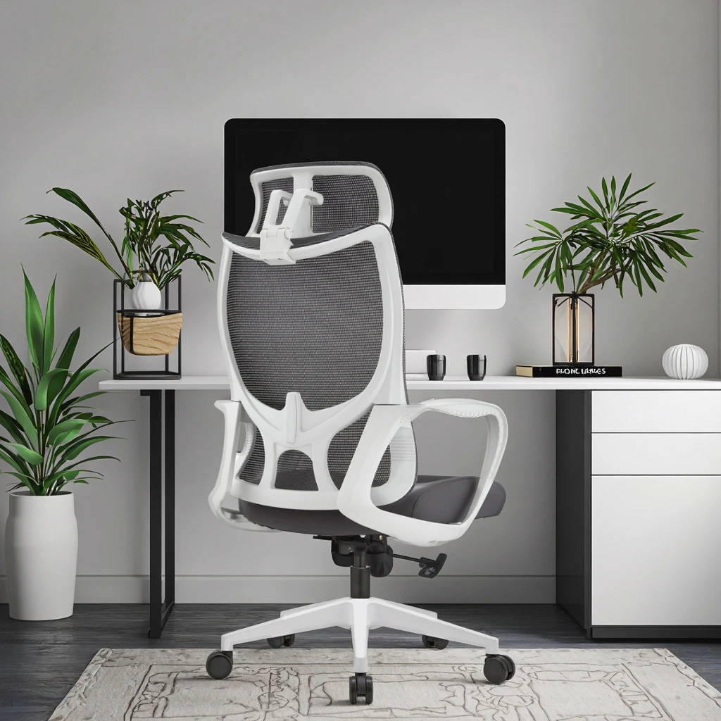 Grey PU Steel Frame High Back Ergonomic Chair S-Curve Support High Resilience Foam Fixed Armrest Adjustable Height for Office 6
