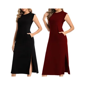 2025 Women's Summer Sleeveless Chiffon Casual Loose Split Maxi Vacation Plain Dyed Solid Wrinkle-Free Floor-Length Washable