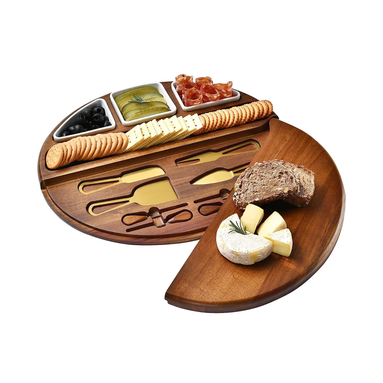 Round Swivel Acacia Wood Charcuterie Board with Knife Set Upgrade Cheese Cutting Board Set Cheese Platter Serving Tray