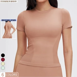 YSH Wholesale Women's Plus Size Sports Running Yoga Top Solid Brushed Fitness Yoga T-Shirt Front Short Sleeved Tight Fitting