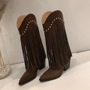 Women's Brown Fur Fringe Cowboy Boots Gold Rivets Pointed Toe Block Heel Western Style Height Increasing Knee-high Fashion Boots