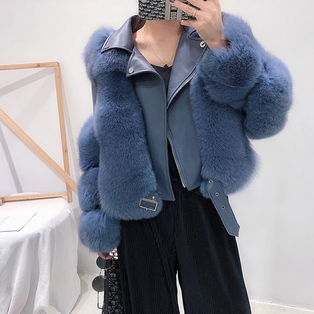 New Fashion Genuine Sheepskin Leather Fur Jacket Women Real Leather Fox Fur Coat