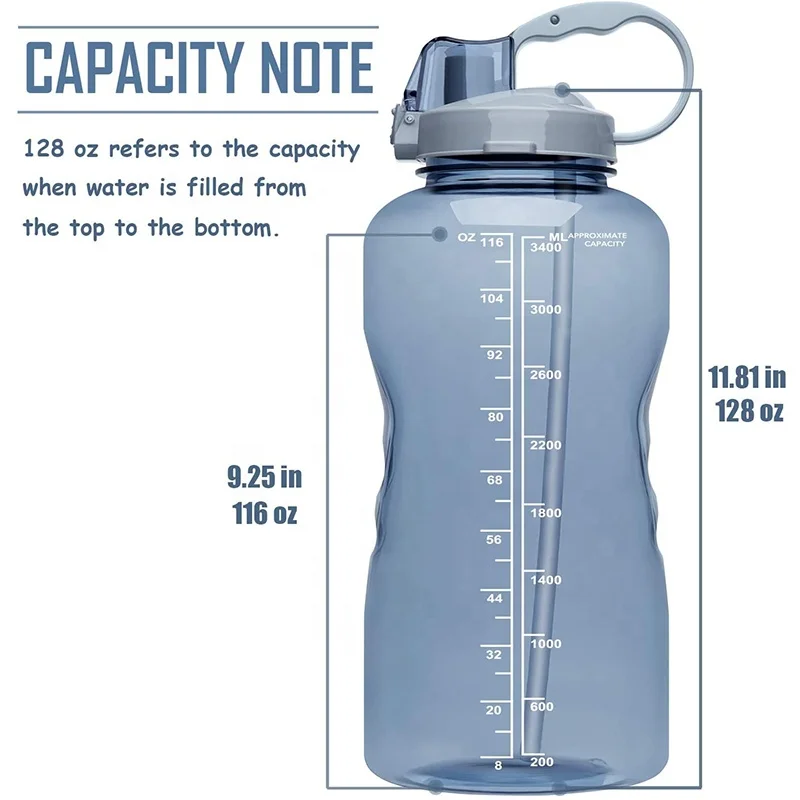 1 Gallon - 128 oz. Giant Water Bottle with Handle and Measurement Scale &  Straw