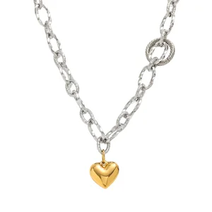 MW Trendy Stainless Steel 18k Gold Plated PVD Women's Necklace Chunky Link Chain with Geometric Heart Pendant Daily Wear Gift