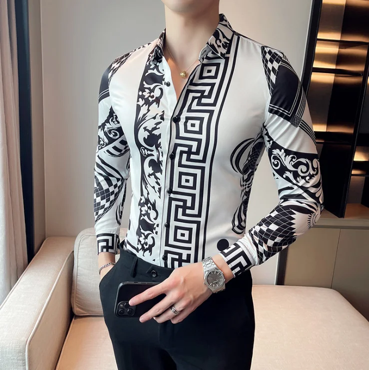 2022 Colorful Diamond Print Long Sleeve Shirts For Men Fall Casual Dress  Shirt Social Party Tuxedo Chemise Hawaienne Homme