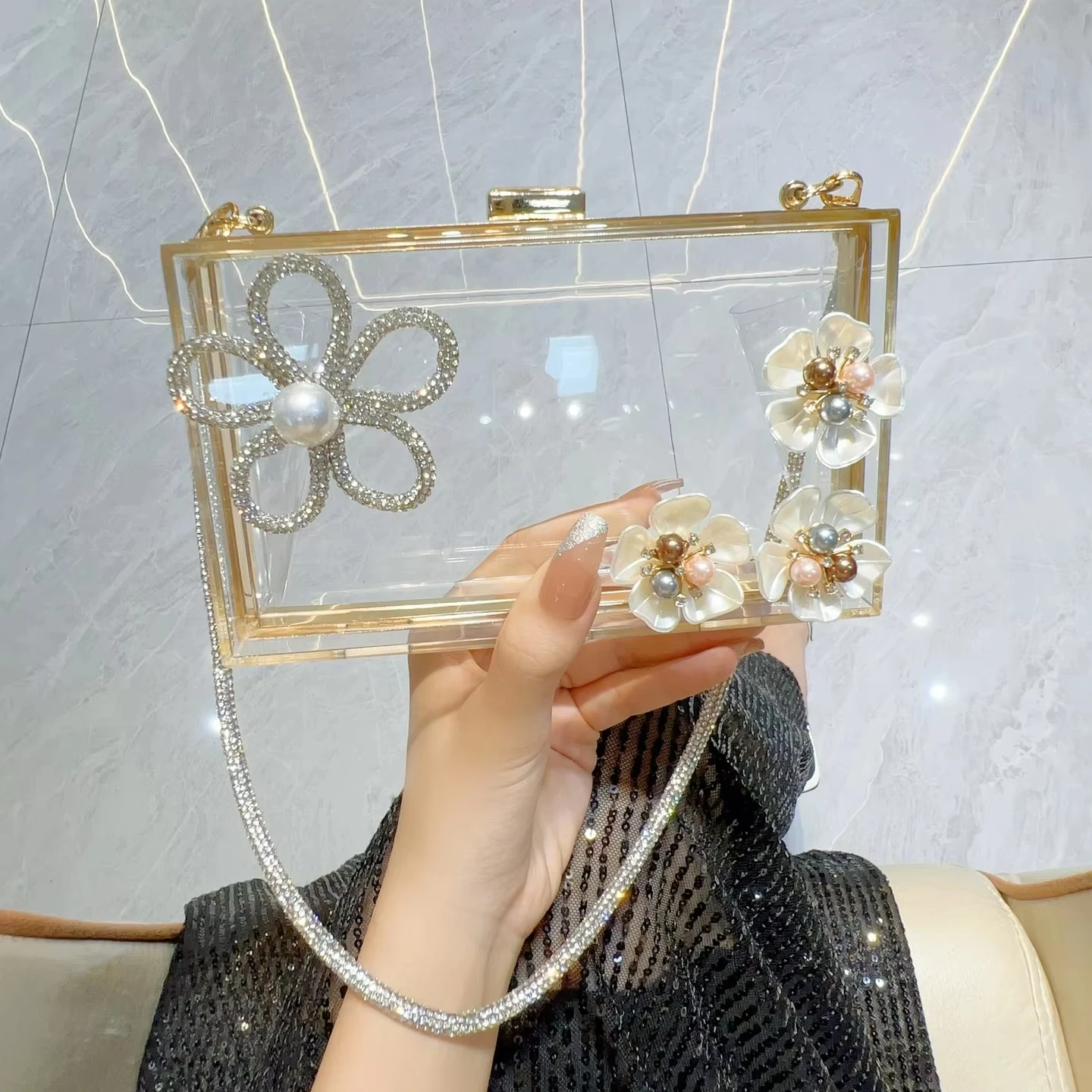 Vintage Rhinestone Acrylic Evening Clutch - Clear Purse