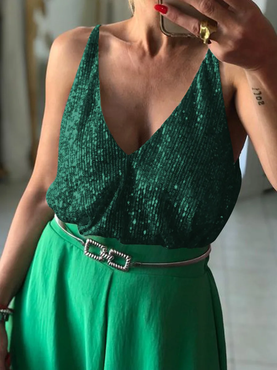 GMD women's clothing sequin deep V Front and back casual top wear sexy hot girl