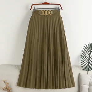 Female With Belt Casual Fashion Midi Long Pleated Skirts Faldas Women's Skirt Ladies High Waist Pleated SKirt