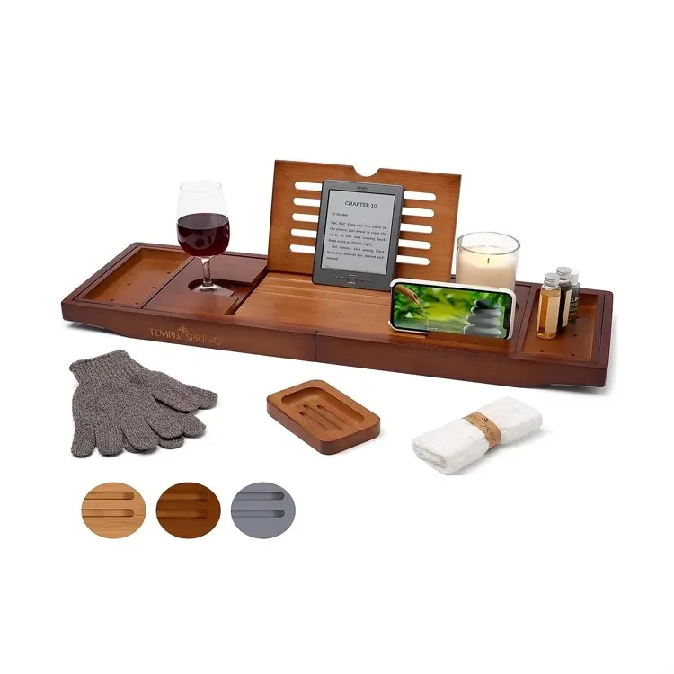 product adjustable extendable bath tray wooden bathtub tray for bathtub with candle holder wine glass book ipad  phone holders bathroom-2