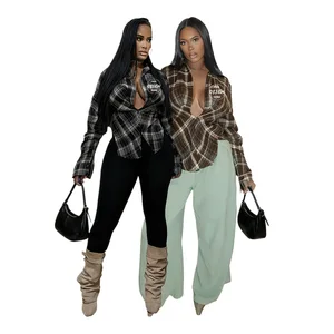 2026 Spring Custom Tops European American Fashion Women Plaid Casual Sexy Folding Sleeve Split Pullover V-Neck Shirt Collar Top