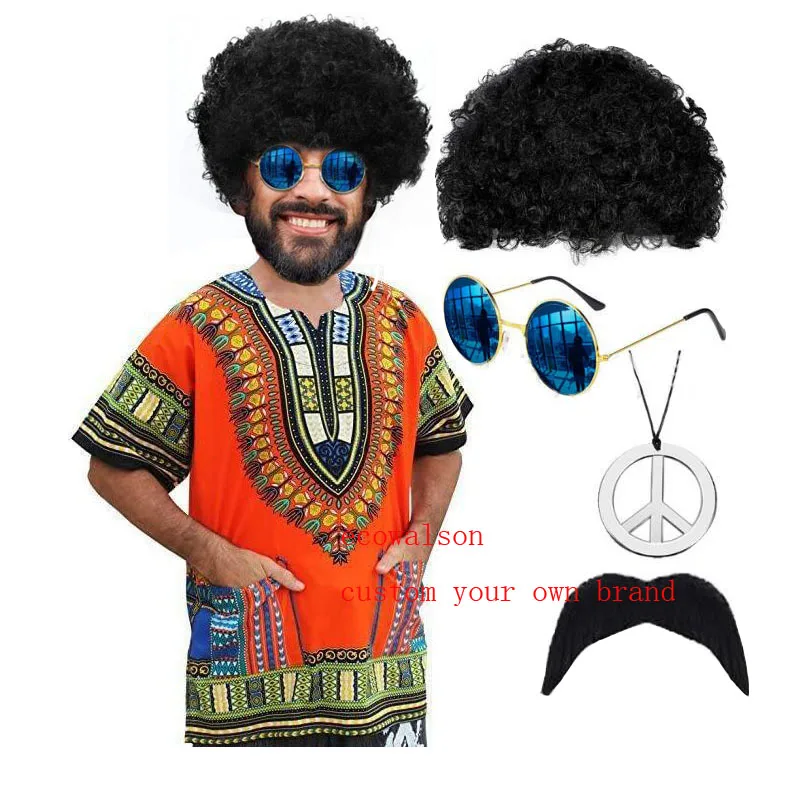 Disfraz Hippie Años 70 Para Hombre Y Mujer – Pack Con Camiseta, Peluca, Gafas, Collares, Tatuajes Y Diadema Arcoíris, Ropa De Fiesta De Carnaval Y Discoteca Retro
