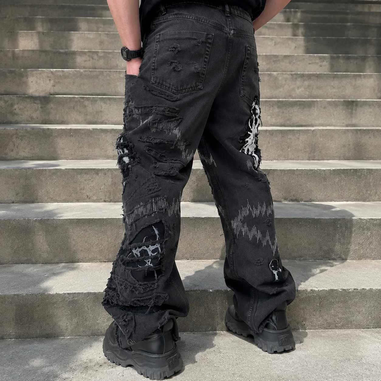 Wholesale Custom Logo Black Distressed Patchwork Denim Jeans Raw Hem Baggy Wide Leg Streetwear Vintage Wear Men Denim Jeans gallery 4