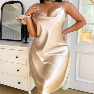 Plus Size Casual Ice Silk Satin Pajamas with Elastic Waist Suspender Fashionable Solid Pattern Home Wear for Spring Summer