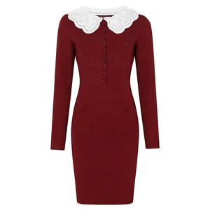 New Spring Autumn High-Quality Slim Fit Embroidered Lace Collar Long Sleeve Knit Dress for Daily