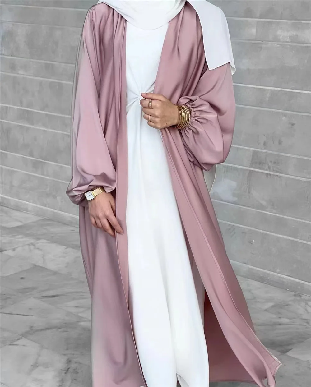 Satin Open Abaya Kimono Turkey Bubble Sleeve Abayas for Women Dubai Dress Islamic Clothing Modest Outfits Kaftan