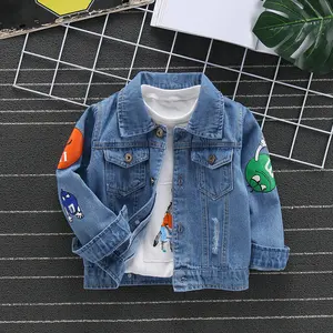 Customized Spring Baby Boys Denim Jacket Toddler Boys Embroidery Cartoon Print Cowboy Lapel Coat Clothes for Kids