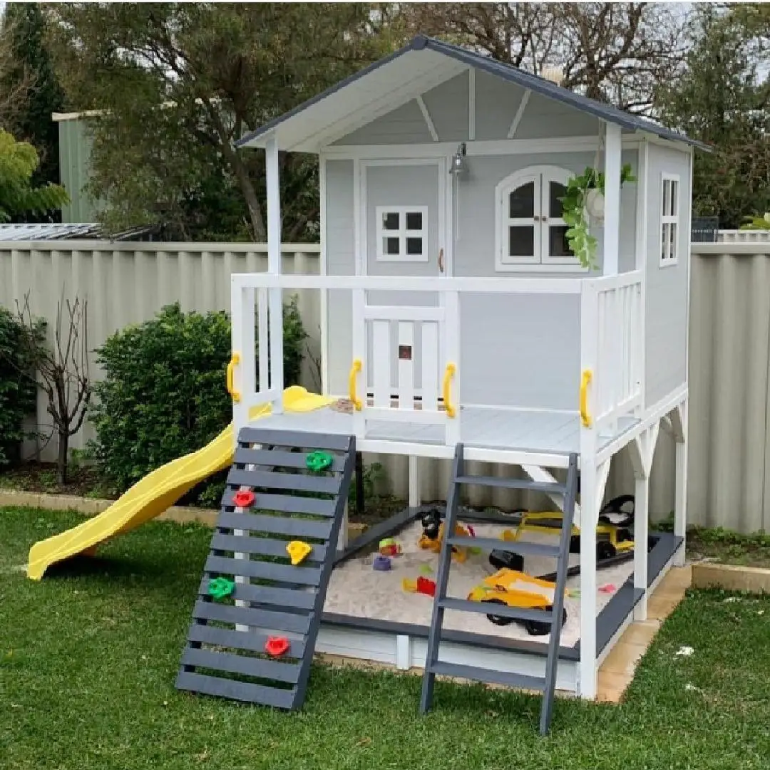 Outdoor Home Yard Wooden Play House Tree House With Slide Rock Wall And