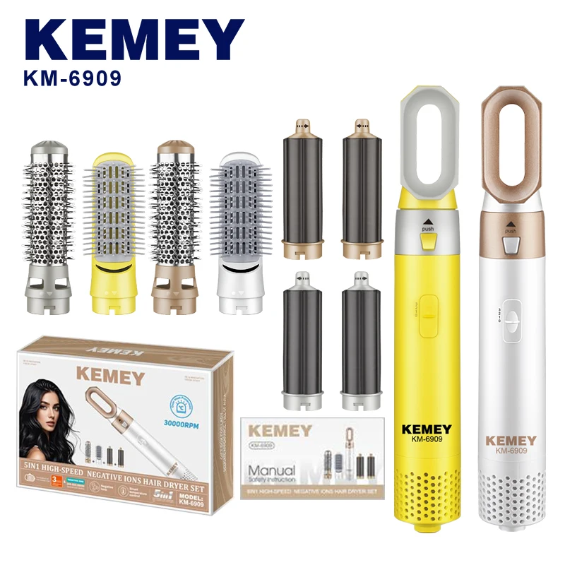 Séchoir à cheveux KEMEI KM-6909, fonction soufflante et lissante, boucleur volumateur, hydratant, donne de l’éclat, accessoires multifonctionnels, kits de luxe Kemey