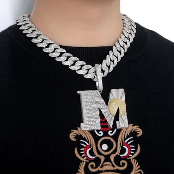 BINSHUO Hip Hop Real Gold Jewelry With Iced Out Brass 20mm Cuban Chain And Bling Zircon Letter M Pendant Necklace