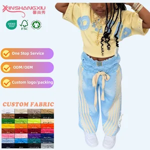 Custom Applique Kids Embroidery Two Piece Sets Sun Faded Washed Heavyweight Cotton Double Waist Sweatpants T-shirt Tracksuit