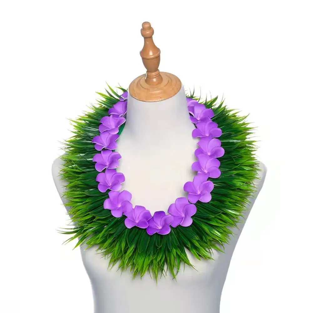 Artificial Silk Grass of Spring & Foam Plumeria Short Lei KN-hls004 64CM Hawaii Flower Necklace Festival Neck Ring Party Wreath