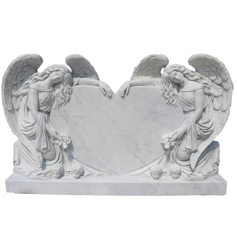 European White Marble Double Angel Statue Tombstone With Heart