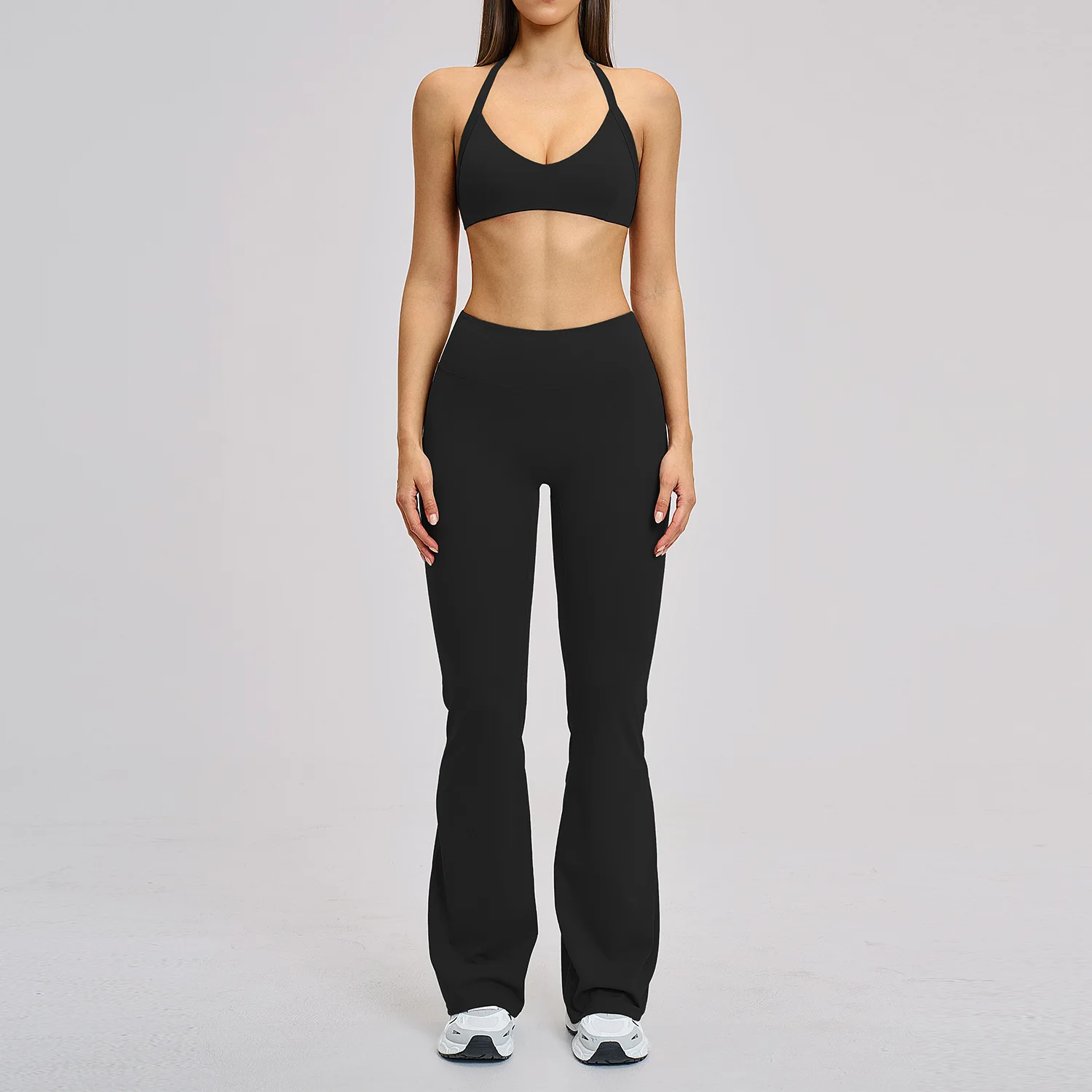 Brushed Spandex/Nylon Solid Yoga Suit Halter Neck Breathable Full Length Hollow 2-piece preview