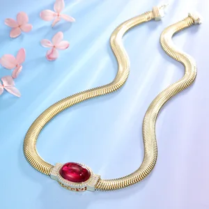 Retro S925 Silver Jewelry Cross-Border New Year Gift Red Corundum Caibao Necklace Joker Collar Zircon Stone