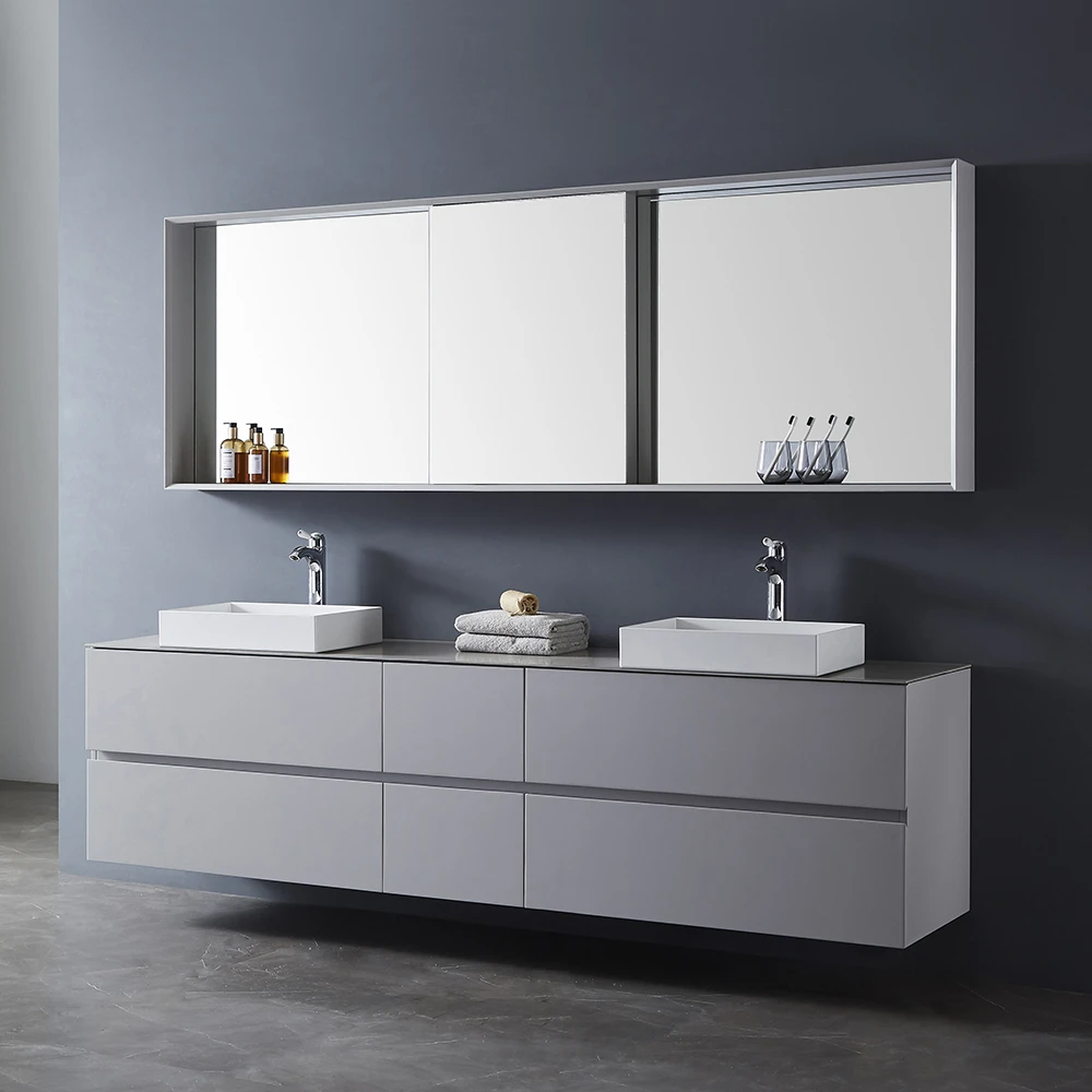 Wall Mounted Bathroom Vanity Two Drawers Light Grey Bathroom Cabinet Set With Long Handle For Wholesale