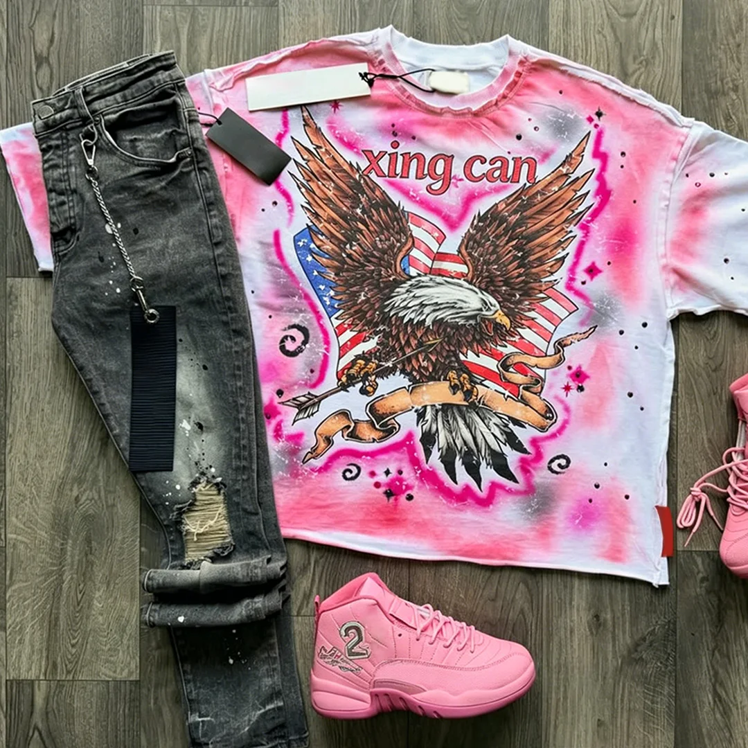 Mænds bedstselgende sæt: Heavyweight-bomuld DTG-digitalprint-rhinestonet-shirt, syrefarvede bukser, tilpasselig