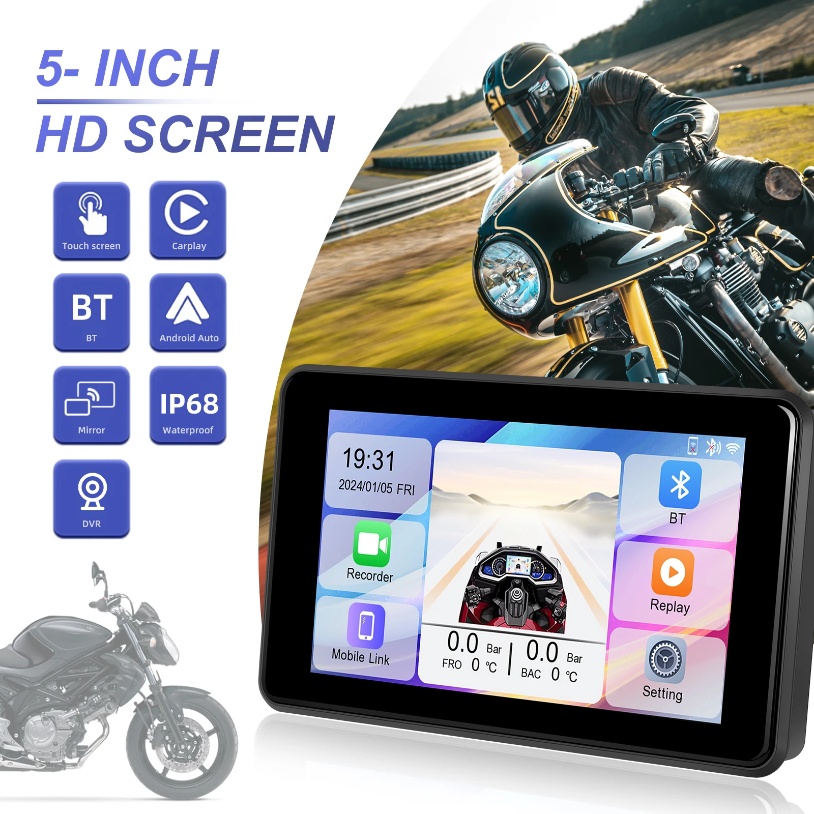 podofo 5 inch motorcycle portable wireless carplay screen android auto recording dvr navigation gps with front rear camera a3996-2