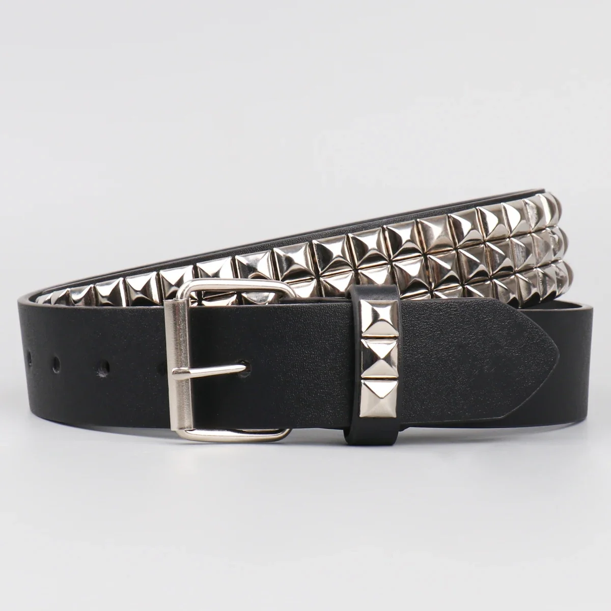 5284 Three Row Of Punk Rock Star Metal Black Studded Leather Belt Three Row Large Cone Stud Black Vegan Leather Belt Punk Rock  main image 4