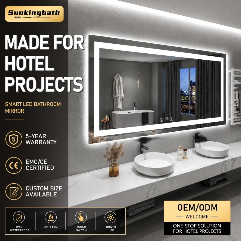 Modern Bath Mirrors Large Rectangle Smart Anti Fog Led Makeup Mirror Brightness Touch Hotel Bathroom Mirrors with LED Light